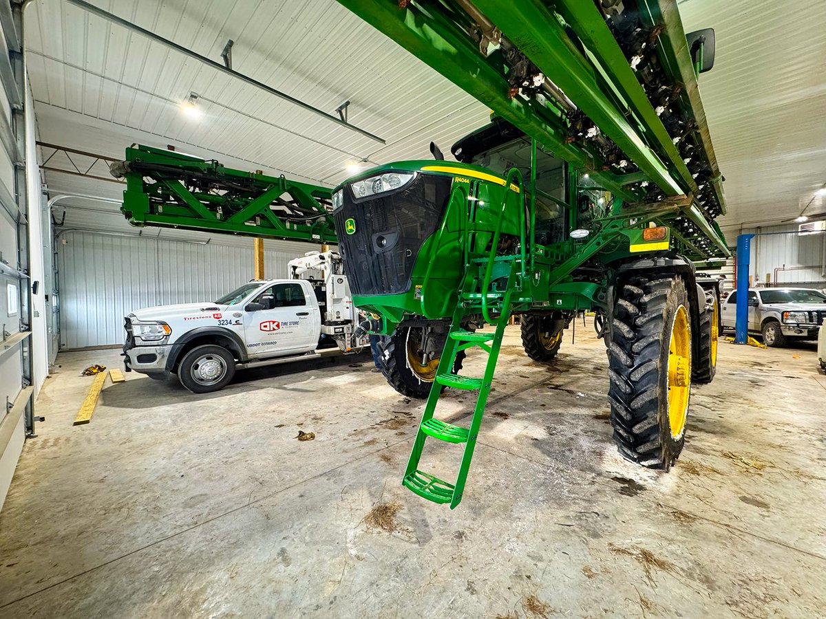 OKTireStoreND's tweet photo. Perham team out on a service call. 🔧 Swapped tires on this sprayer right in the customer’s shop. #OKperhamMN https://t.co/wCNszusKM4