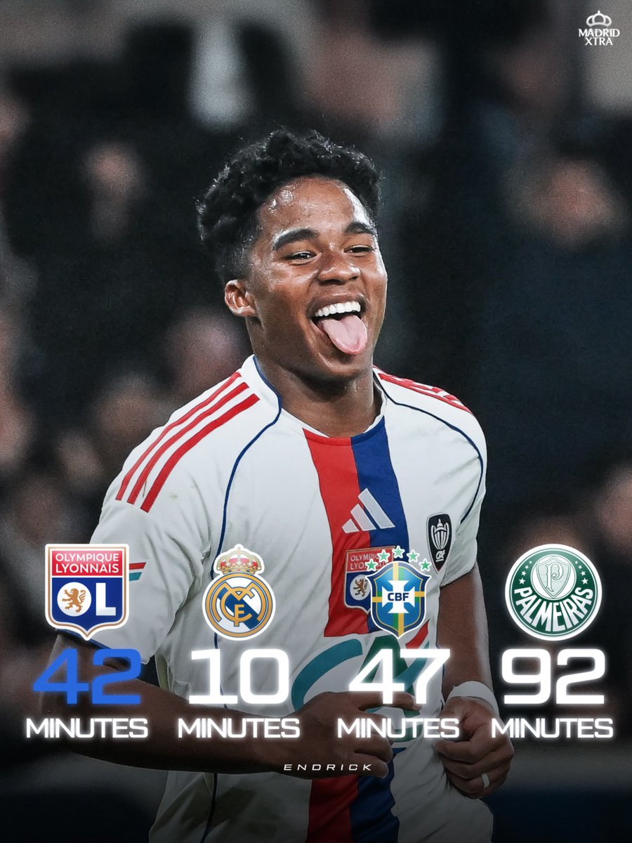 MadridXtra's tweet photo. 🚨 The number of minutes Endrick needed to score his first goal for each club &amp; his NT. https://t.co/67D34yOOEk