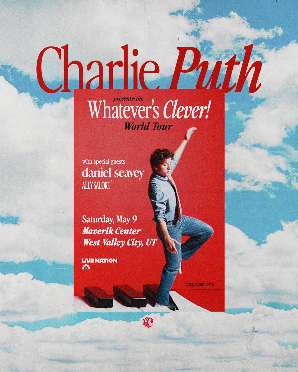 Maverik_Center's tweet photo. JUST ANNOUNCED! 🤩Charlie Puth is coming to @CanyonViewCU Stage at Maverik Center on May 9th for the Whatever’s Clever Tour! With special guests Daniel Seavey and Ally Salort. Get tickets this Friday, January 16th @ 10AM Local. 🎟️: https://t.co/tgxnfNfAgB

@charlieputh 
@SeaveyDaniel 
@AllySalort 
@LiveNationSLC 
@PostfontaineSLC 
@CanyonViewCU
