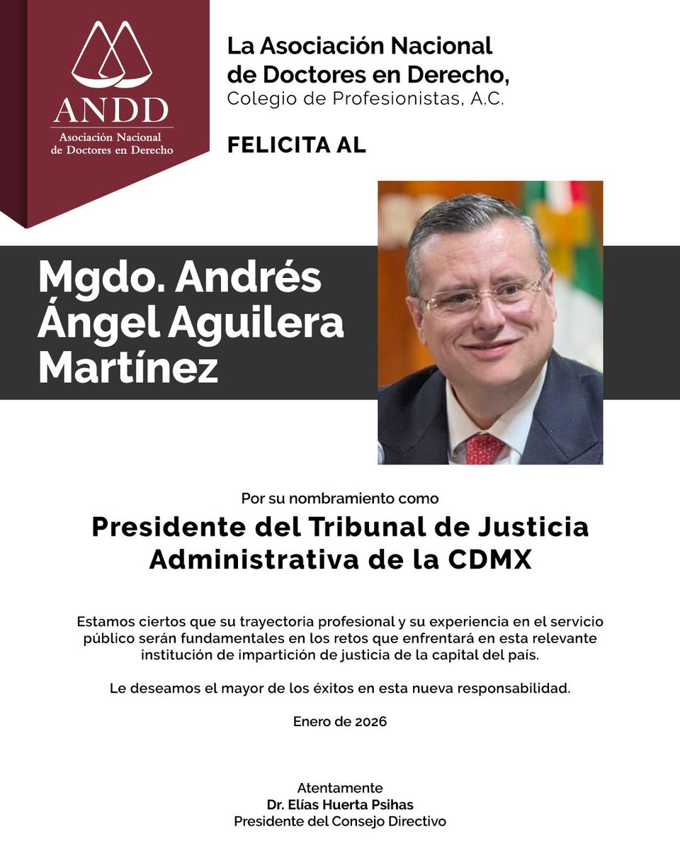 anddmexico's tweet photo. Felicitamos al Mgdo. Andrés A. Aguilera Martínez. Deseamos que su gestión frente al @TJA_CDMX sea exitosa. https://t.co/fzEN6alR8H