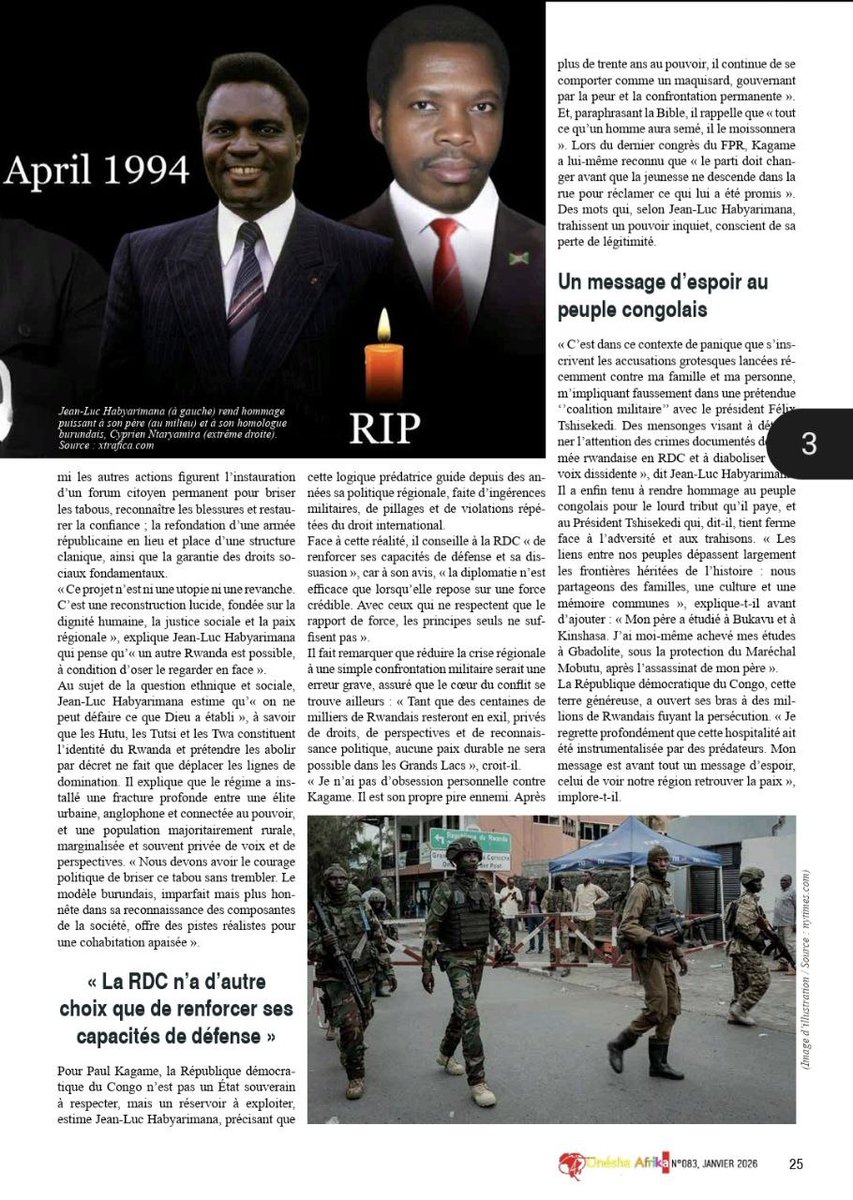 dzaneza's tweet image. 🇷🇼 Jean-Luc Habyarimana livre un témoignage à la fois intime, politique et historique, marqué par la tragédie fondatrice de l’attentat du 6 avril 1994, qui a coûté la vie à son père. Il revient sur cette nuit où tout a basculé, sur l’exil forcé, la perte irréparable, mais aussi…