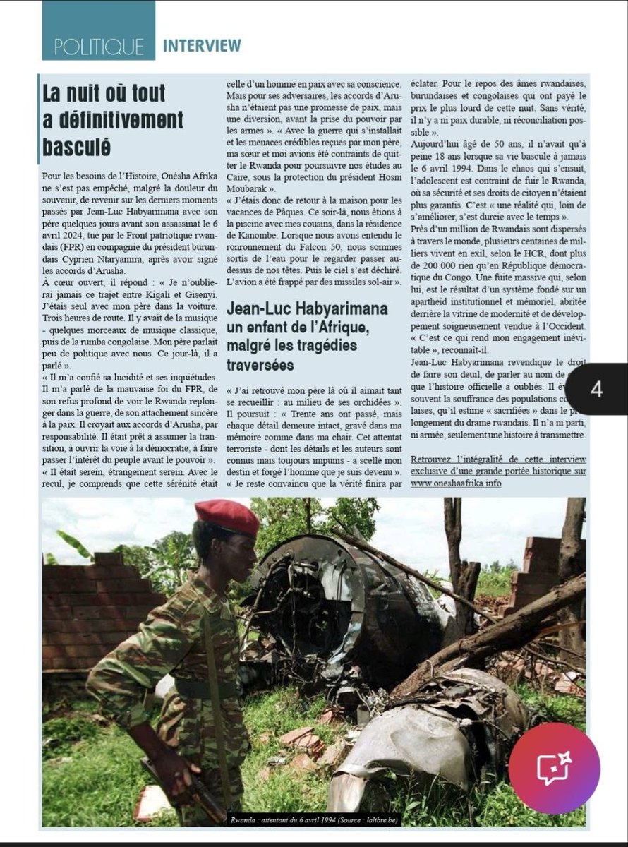dzaneza's tweet image. 🇷🇼 Jean-Luc Habyarimana livre un témoignage à la fois intime, politique et historique, marqué par la tragédie fondatrice de l’attentat du 6 avril 1994, qui a coûté la vie à son père. Il revient sur cette nuit où tout a basculé, sur l’exil forcé, la perte irréparable, mais aussi…