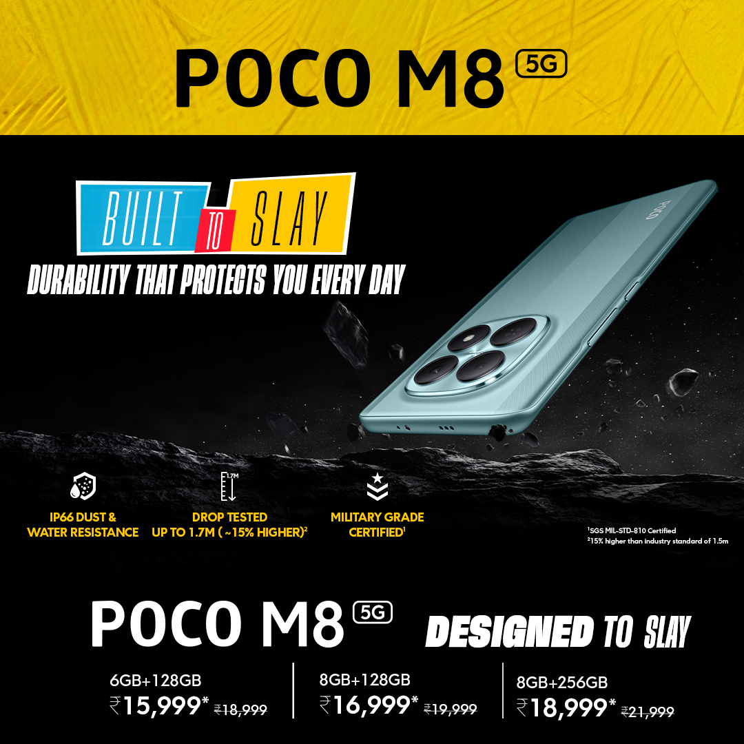 IndiaPOCO's tweet photo. Built to slay. Built to survive. ⚔️
The #POCOM85G is designed for everyday chaos with durability you can trust.
🛡️ IP66 dust &amp; water resistance
💥 Drop-tested up to 1.7m
🎖️ MIL-STD-810H certified
🚀 Sale is now LIVE
💰 Starting at ₹15,999* (12-hour offer only)
#DesignedToSlay https://t.co/sWU6yElbGq