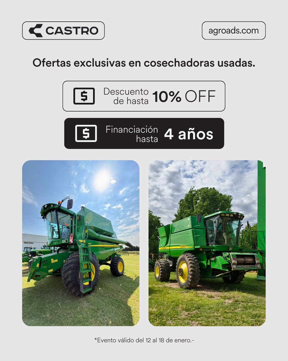 Agroads's tweet image. Tu próxima campaña, con números que rinden. 🌾

Financiación hasta 4 años y hasta 10% OFF en selección de cosechadoras usadas.
Entrá a: bit.ly/49wyPpb

#agroads #cosechadoras #usadas #financiacion #descuento #campo #agro