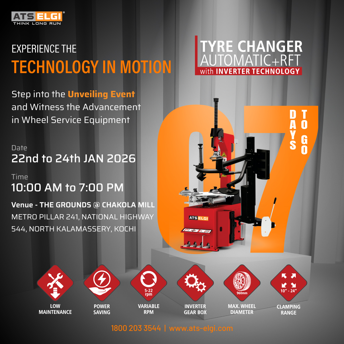 AtsElgiLtd's tweet photo. 7 Days to Go!
Just one week to go! .
22nd – 24th January 2026
10:00 AM – 7:00 PM
The Grounds @ Chakola Mill, Metro Pillar 241, NH 544, North Kalamassery, Kochi
Join us for an experience that promises innovation, impact, and inspiration!
#7DaysToGo #UnveilingEvent #ATSELGI https://t.co/uZYdFAdTeT