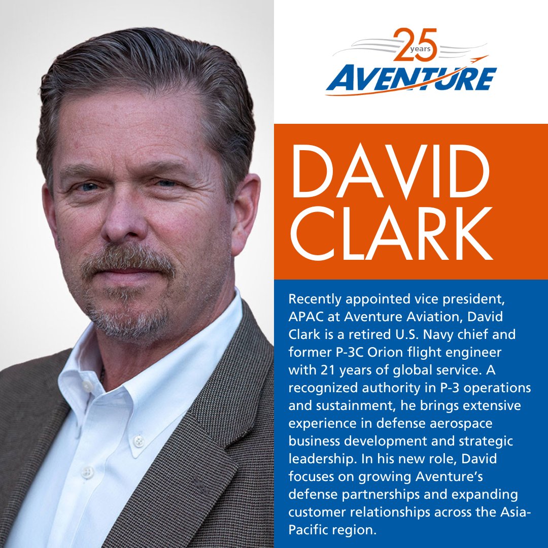 AventureAviator's tweet photo. We’re excited to welcome David Clark to the Aventure team as our new vice president, APAC! A retired US Navy chief and defense aerospace expert, David will focus on growing our defense partnerships and expanding customer relationships across the Asia-Pacific region. https://t.co/aQX3ubUUfw