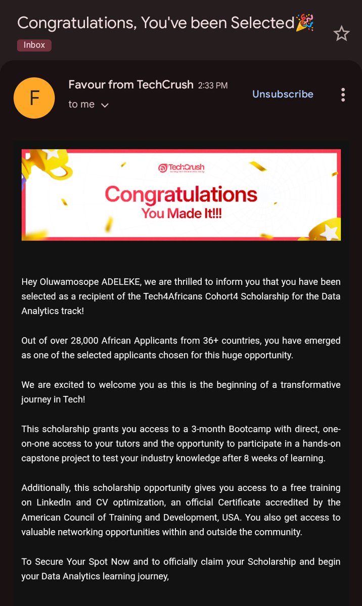 ademide_adeleke's tweet photo. Day 3 - TechCrush Graduation Countdown!
Today's prompt:
How excited were you when you got accepted into the program?
Excited. Grateful. Motivated.
@TechCrushHQ
#Tech4Africans
#Tech4AfricansGraduation
#Tech4AfricansScholars
#15DaysToGraduation
#TechGrowth https://t.co/sgdlLLuxxq