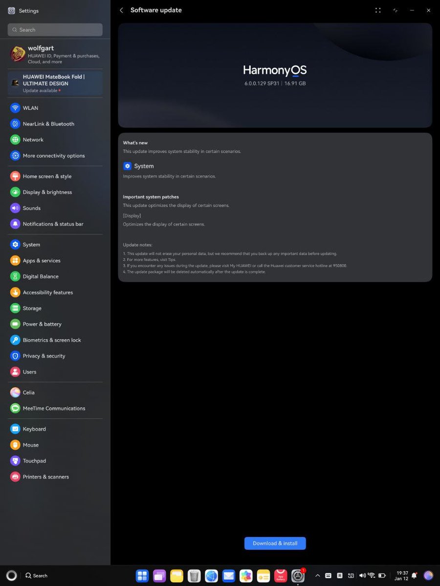 LivingInHarmony's tweet photo. HarmonyOS 6.0.0.129 SP31 developer beta 1 arrived for registered MateBook Fold - more features to show and information to follow up soon
#Huawei #HarmonyOS6 #Developer #Beta #DevBeta #Beta1 #Rollout #MateBookFold #UltimateDesign https://t.co/19qjSG19hh