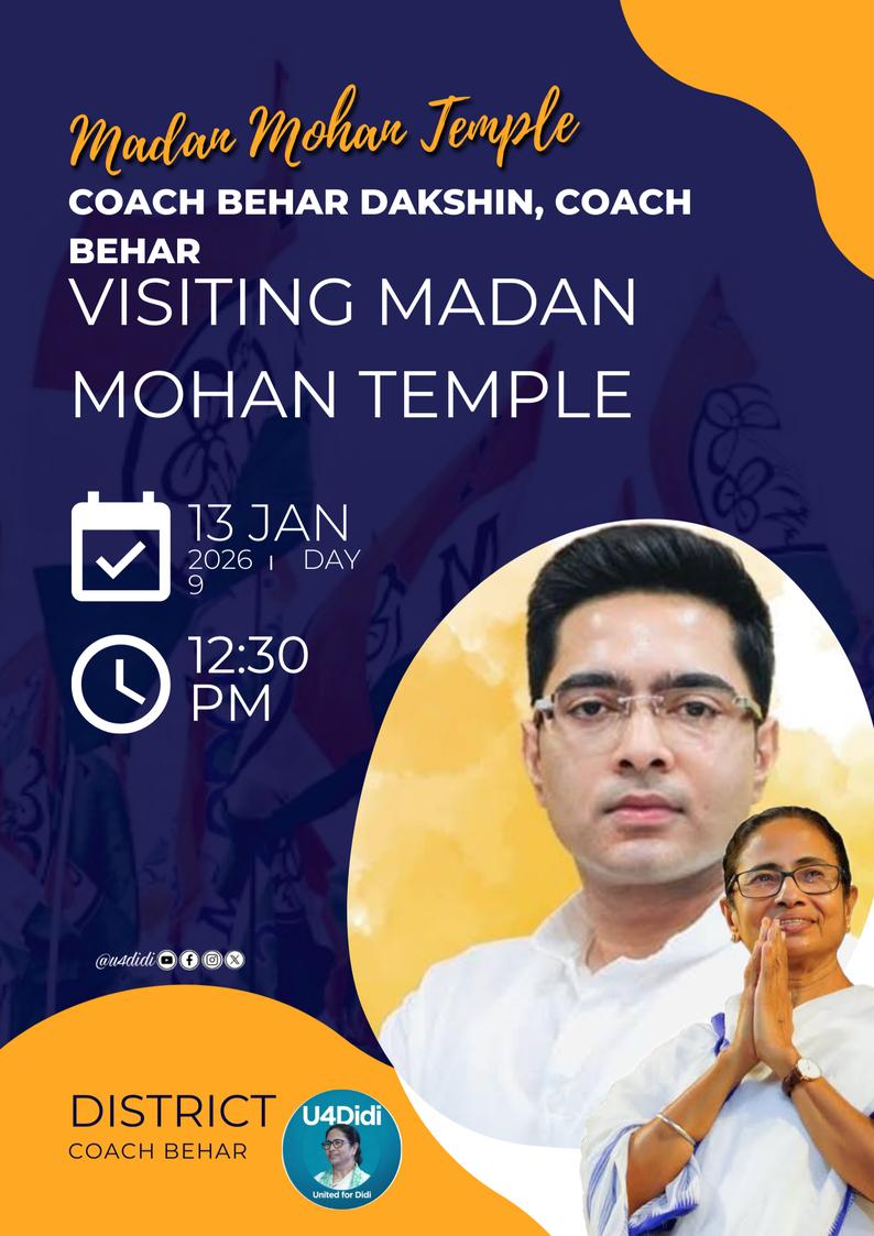 U4didi's tweet photo. Today, January 13, 2026, it is announced that our revered General Secretary Shri @abhishekaitc will pay a visit to the Madan Mohan Temple located at Coach Behar Dakshin, Coach Behar. 

 #AbhishekBanerjee #u4didi #AmiBanglarDigitalJoddha #AbarJitbeBangla 

@MamataOfficial https://t.co/HjzxJs4in4