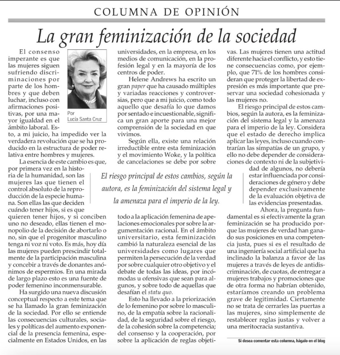 yasnalewin's tweet photo. Cualquier mujer conoce las barreras de discriminación y violencia que sufre a diario en todos los ámbitos de su desarrollo. Decir que remover estos obstáculos crea un “problema grave de legitimidad” es simplemente no entender la sociedad, no apreciar la democracia y vivir en una burbuja de privilegios. Peor aún, asociar la "emocionalidad" a las mujeres y la "racionalidad" a los hombres es una prueba de ignorancia y negacionismo científico. Mal señora Santa Cruz.