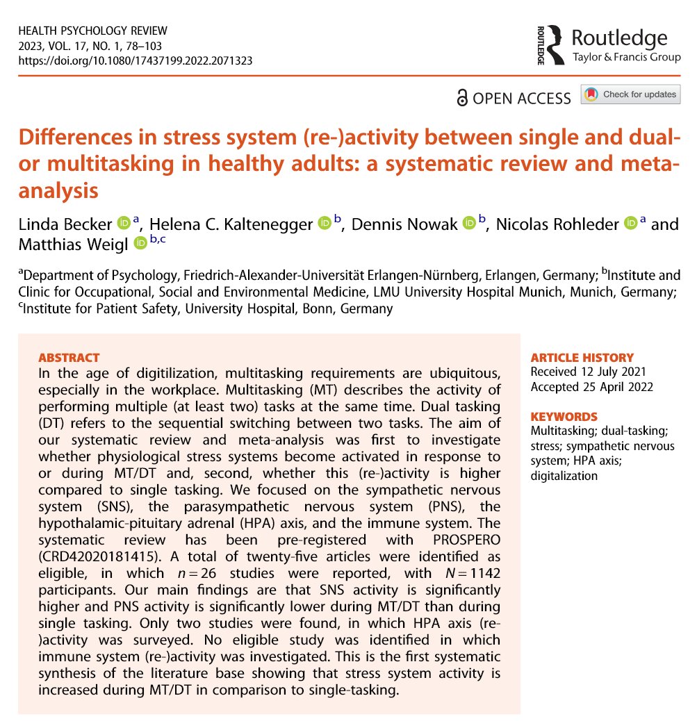 AdamMGrant's tweet image. Multitasking isn't just unproductive—it's stressful too.

Average attention on a screen has fallen from 2.5min in 2004 to 75sec in 2012 to 47sec today. Rapid switching puts our nervous systems on alert.

The best way to keep calm and carry on is to focus on one thing at a time.