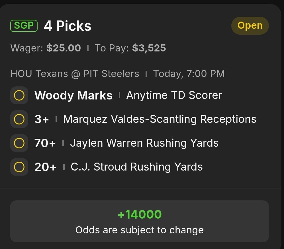 🏈NFL Wildcard SGP 🚀
❤️Like &amp; Follow
#HOUvsPIT 

#PlayerProps