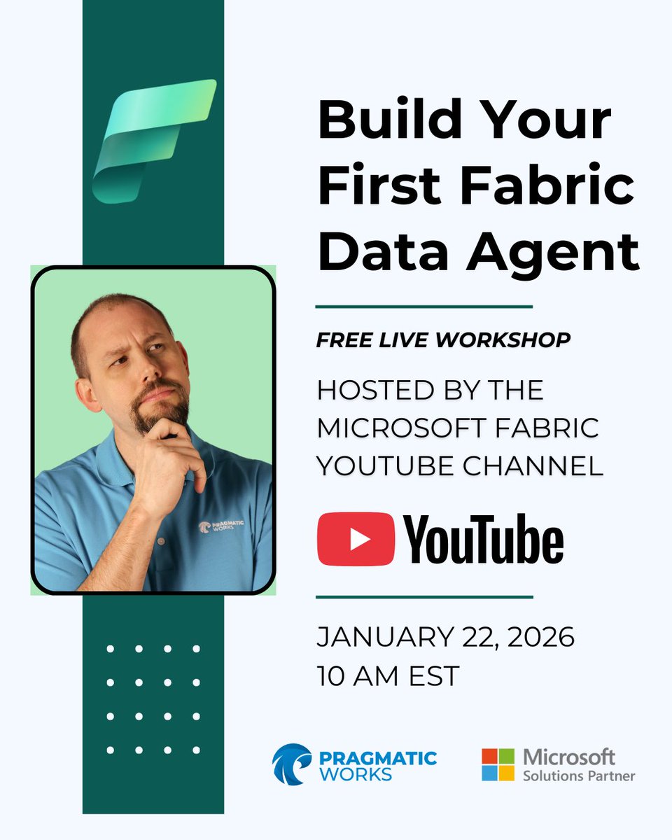 Learn to build your 1st Fabric Data Agent! Join us on January 22nd at 10 AM EST on the Microsoft Fabric YouTube channel to see how AI can turn your organizational data into accurate, query-ready answers. #PragmaticWorks #MicrosoftPartner #Fabric
Learn more prag.works/falive