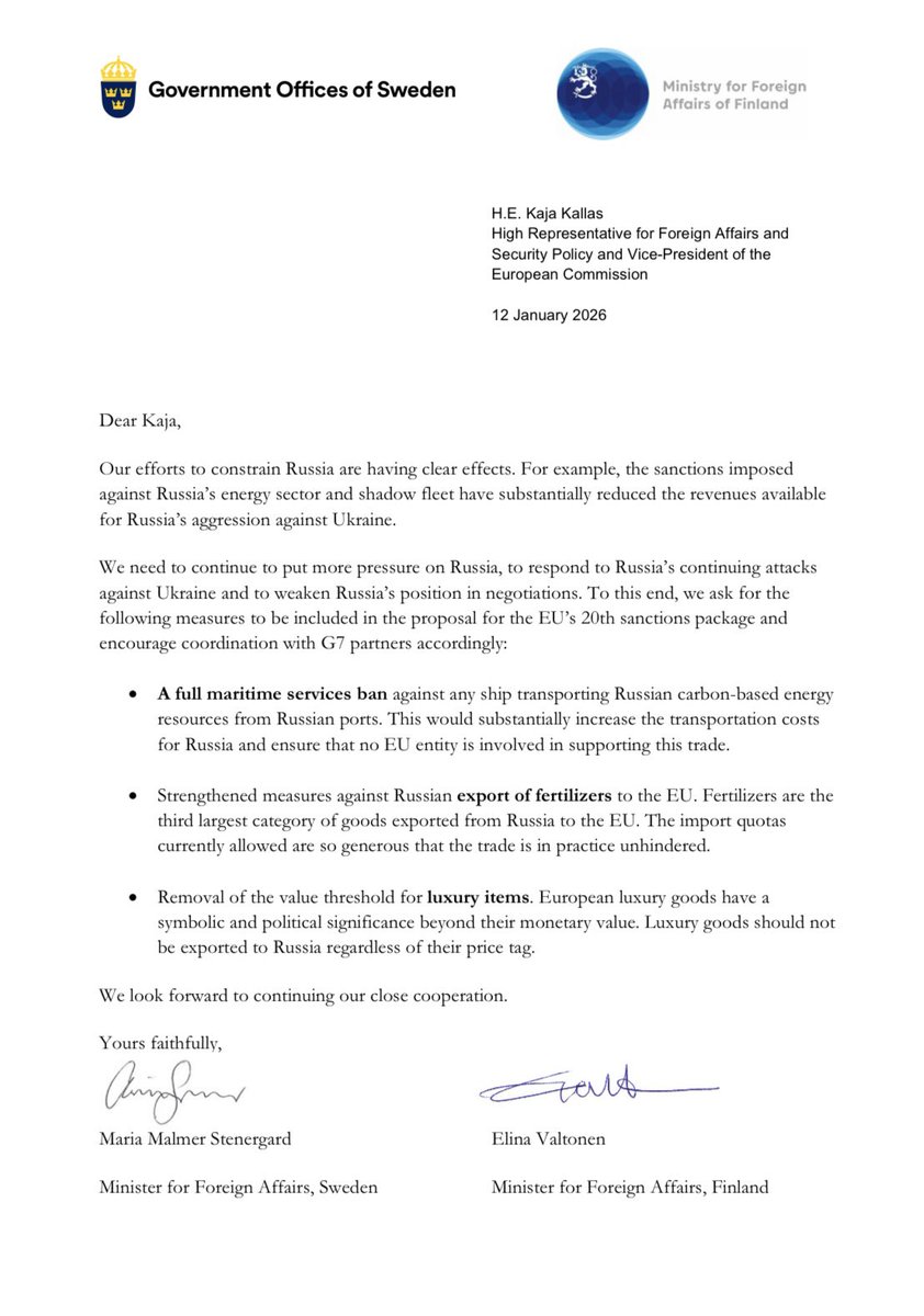 Sweden and Finland call for a full maritime ban on Russian energy.