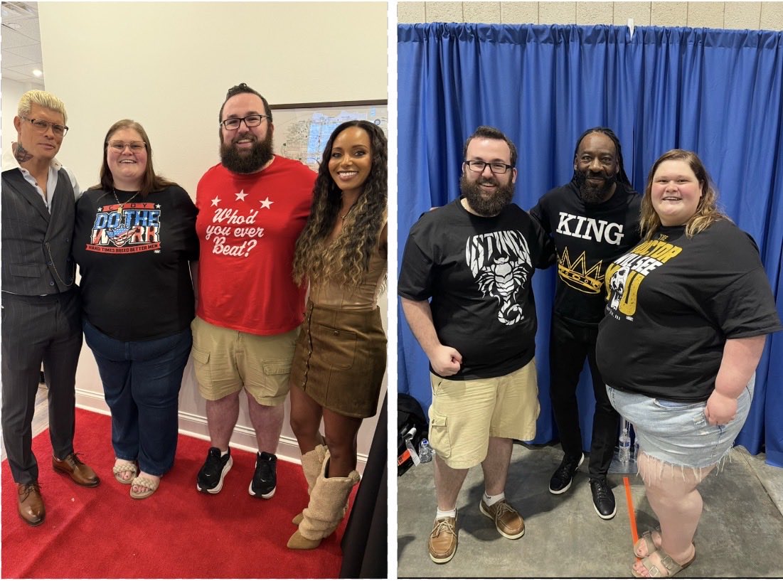 weare_twc's tweet photo. WE MET @CodyRhodes &amp; @TheBrandiRhodes YESTERDAY! So cool &amp; down to earth!!! Also, most days I forget how far I’ve come on this WLJ. 90 lbs ⬇️ working on losing another 200. Jacob is working towards losing 100! WHEN we meet our goal we are treating ourselves to #Wrestlemania tix! https://t.co/vblTKcACTF