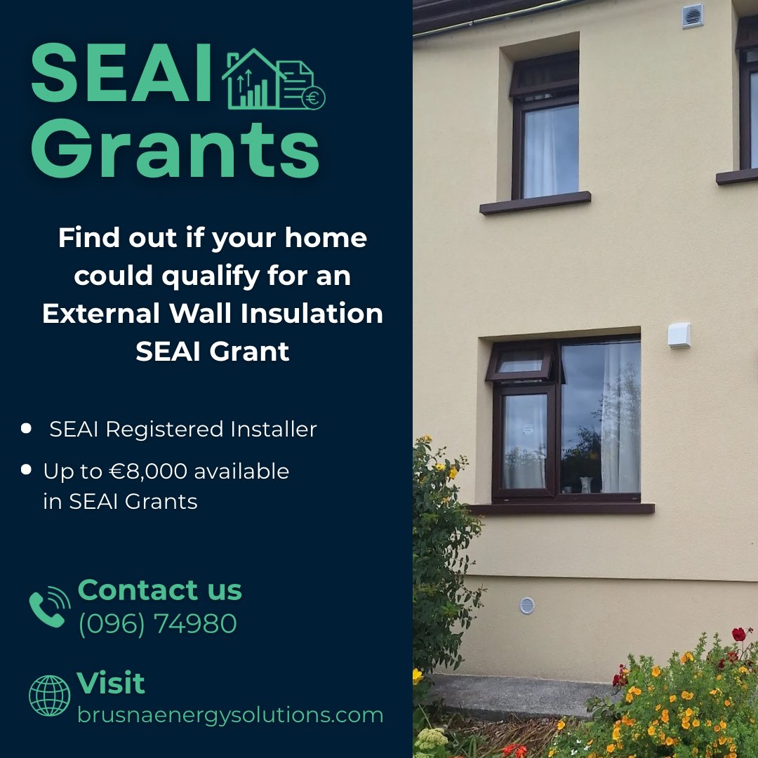 BrusnaEnergySol's tweet photo. Did you know there is up to €8,000 available in SEAI Grants for External Wall Insulation?

Get in touch today to arrange your free survey✨

🏡Visit  https://t.co/lIImuaMPQA or https://t.co/TNq0Wtnowm to learn more.

#Brusna #SEAI #WarmerHomesScheme #SEAIGrants https://t.co/Ryad6MvnzR