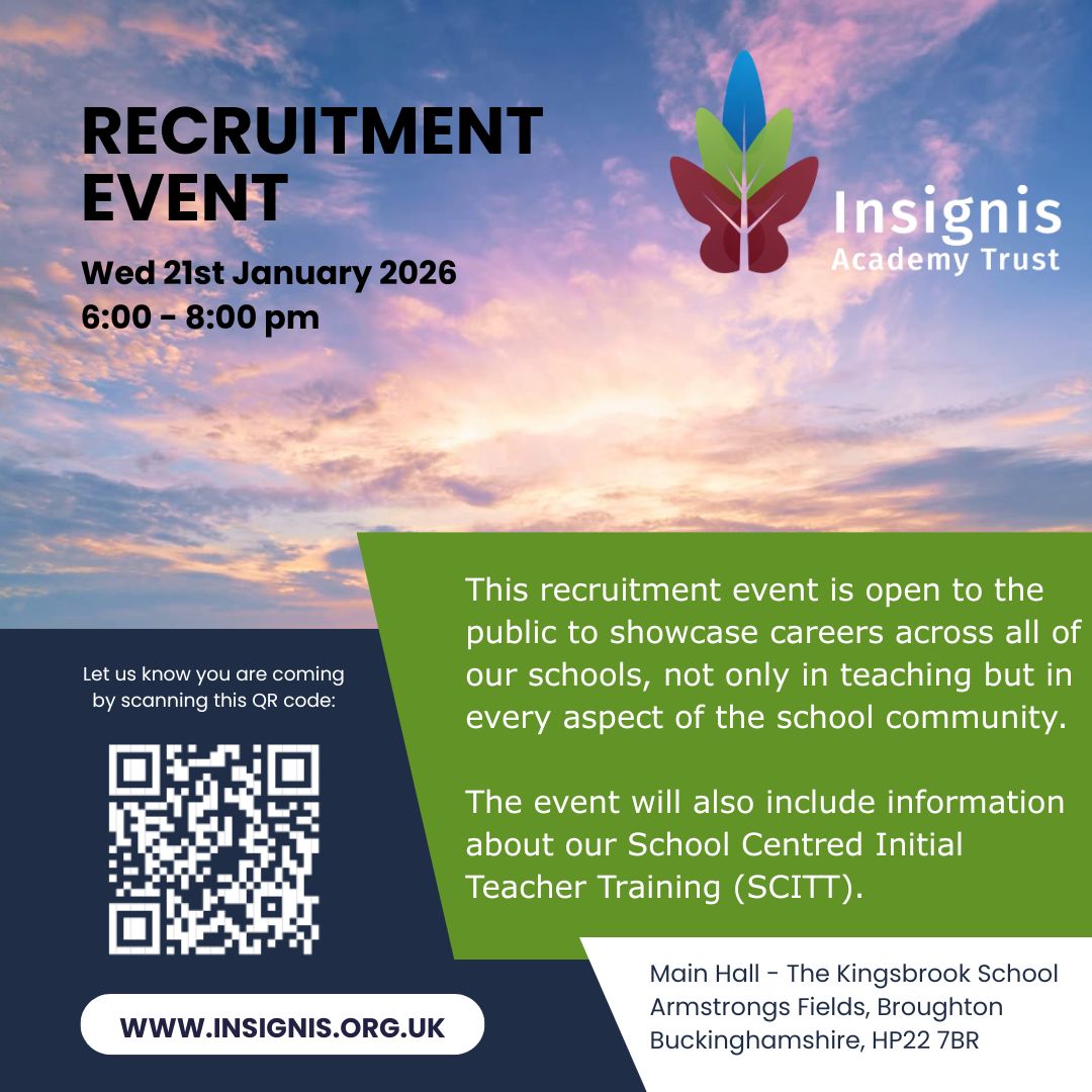 SWRSchool's tweet photo. Recruitment Event for Insignis Academy Trust at The Kingsbrook School.
If you or anyone you know would like to work in one of our Trust Schools, this could be within the support side or teaching, share this post with them and invite them to pop along for a chat. https://t.co/Yun8Sv4fR0