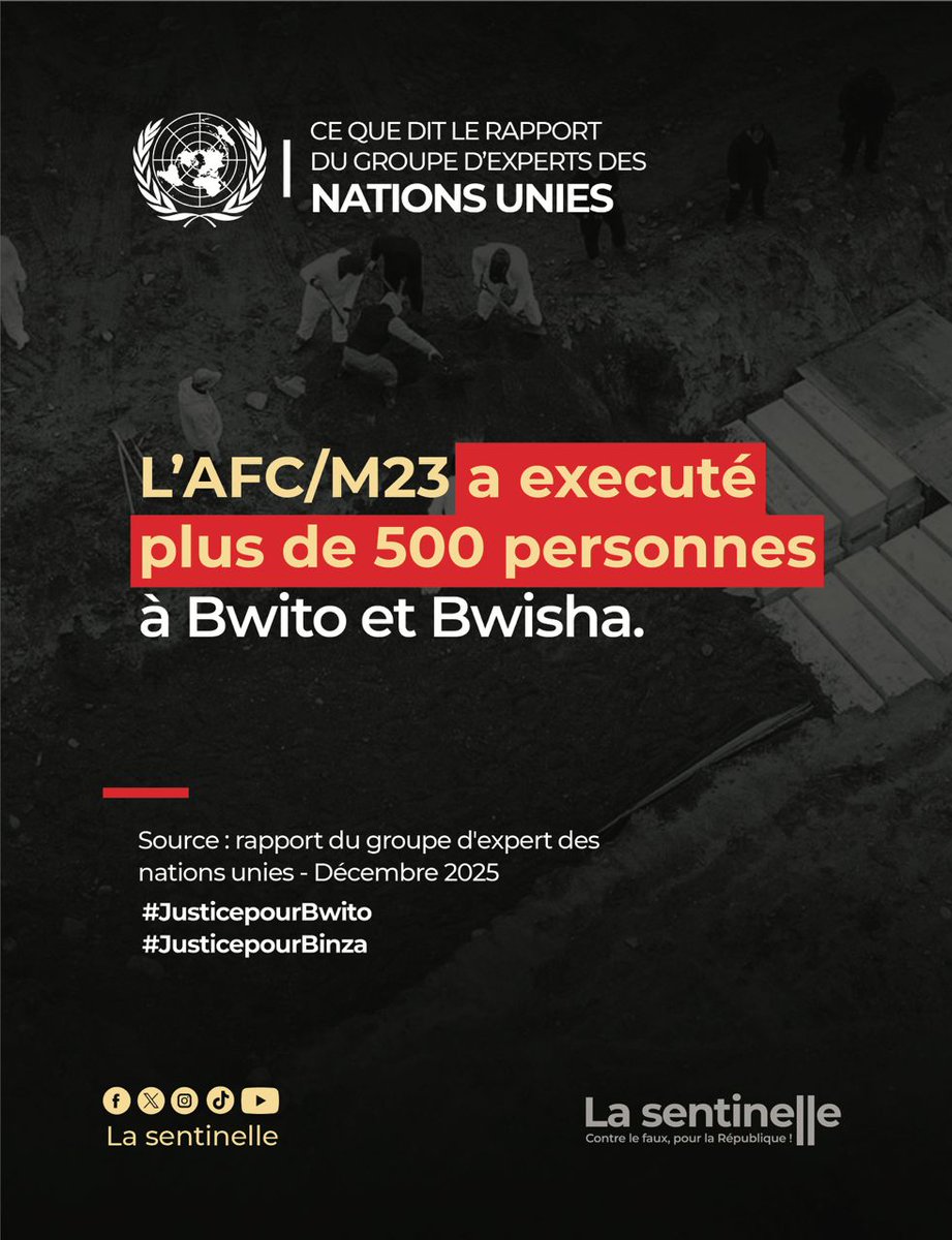 L’AFC/M23 a froidement exécuté plus de 500 civils dans les territoires de Bwito et Bwisha, selon le rapport des experts de l’ONU.

Ces crimes de masse, planifiés et assumés, confirment une fois de plus que l’AFC/M23 est un groupe terroriste sanguinaire, soutenu militairement et