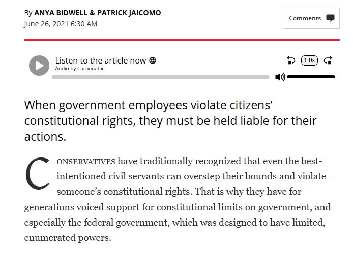pjaicomo's tweet image. Our legal system places federal officials above the law, so that's how they behave.

Here's a piece I did for @NRO 4 years ago on federal immunity with my @IJ colleague Anya. 

At the time. we represented José Oliva, a veteran and retired CBP officer who was beaten by VA police.
