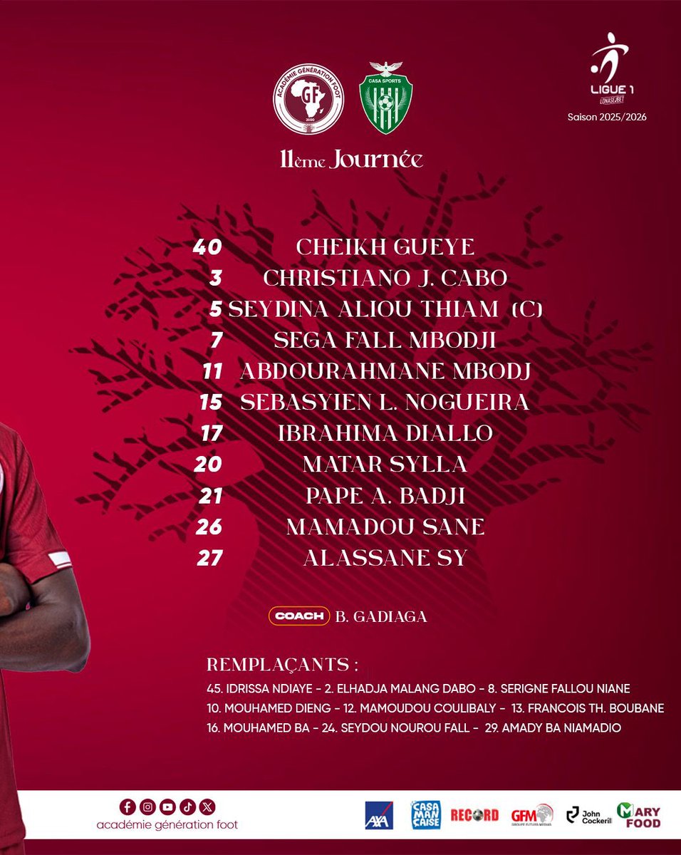 GFoot_Senegal's tweet image. Les 𝐗𝐈 𝐆𝐫𝐞𝐧𝐚𝐭𝐬 pour affronter le Casa Sports 👊🏻🔥

#GFCASA | #teamgrenats