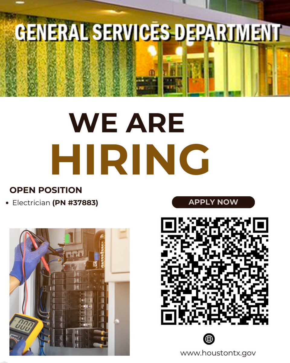 The General Services Department is hiring for the position of Electrician. See link to apply or share with your network ▶ ayrs.io/Sh7BFD