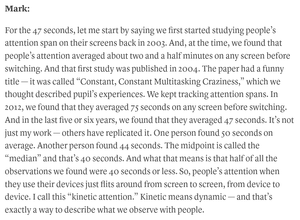 AdamMGrant's tweet image. Multitasking isn't just unproductive—it's stressful too.

Average attention on a screen has fallen from 2.5min in 2004 to 75sec in 2012 to 47sec today. Rapid switching puts our nervous systems on alert.

The best way to keep calm and carry on is to focus on one thing at a time.