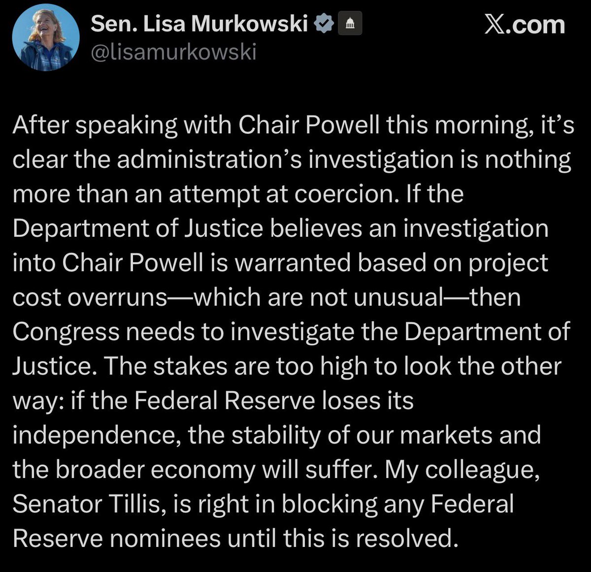 Republican Senator Lisa Murkowski says the Trump DOJ is engaging in coercion and must be investigated