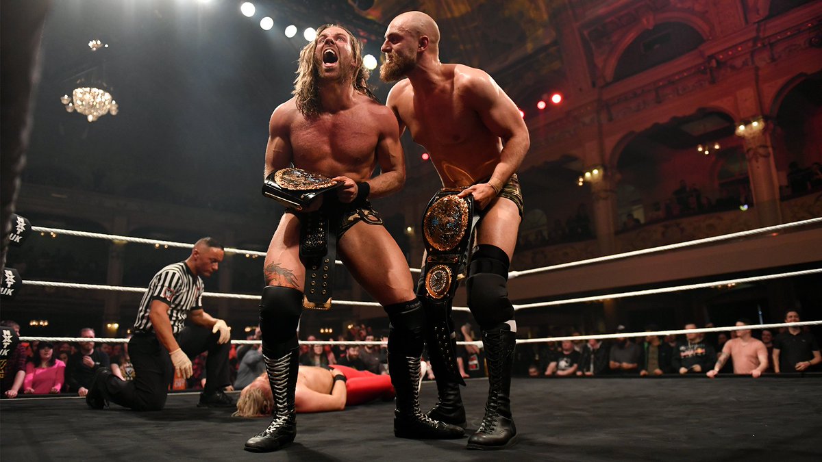 NXTUK_Legacy's tweet image. Jan. 12, 2019:

At Empress Ballroom, Grizzled Young Veterans (@ZackGibsonGYV &amp;amp; #JamesDrake) def. Moustache Mountain (#TylerBate &amp;amp; @trentseven) to become the inaugural #NXTUK Tag Team Champions in the opening match of Takeover: Blackpool.

📸 WWE