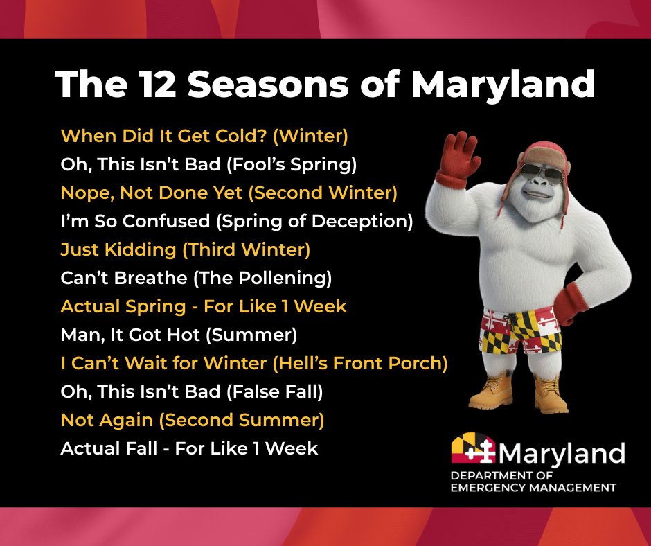 MDMEMA's tweet photo. Maryland weather:
❄️ in the morning
☀️ by lunch
🍂 by dinner
We’d love to talk winter weather safety… but honestly, we’re just preparing for anything at this point.
What season are we in today? Asking for a friend. 😅
#mdwx #MDLife #MDReady #WeCare https://t.co/N4buC4KRh5