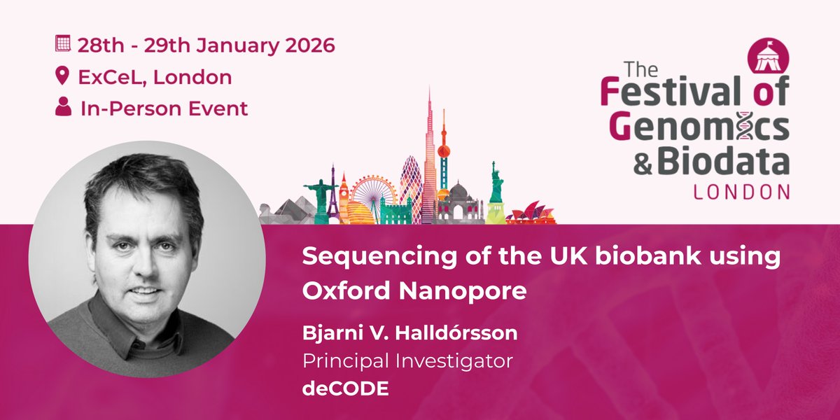 FLGenomics's tweet image. Bjarni V. Halldórsson (Principal Investigator, deCODE) will discuss #sequencing of The UK Biobank using Oxford Nanopore at The Festival of Genomics and Biodata later this month!
More info: hubs.la/Q03Z_FcQ0 #genomics #FOG2026