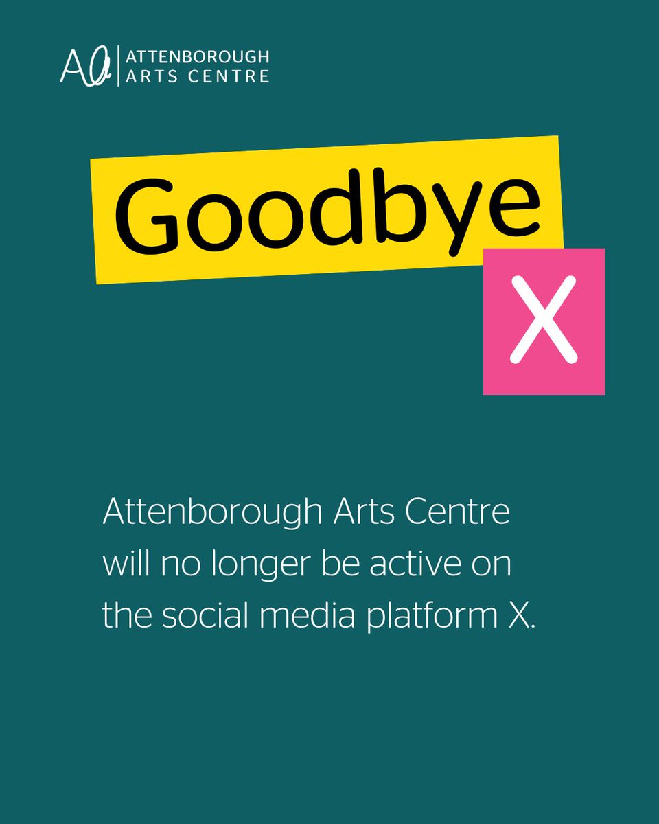 AttenboroughAC's tweet photo. Attenborough Arts Centre will no longer be active on social media platform X.

To keep up-to-date please follow us on our other platforms, join our newsletter or explore our website.

Instagram: attenboroughac
Facebook/YouTube: attenborougharts
Newsletter: https://t.co/v3nacjxiFw https://t.co/wp0K8qUzOP