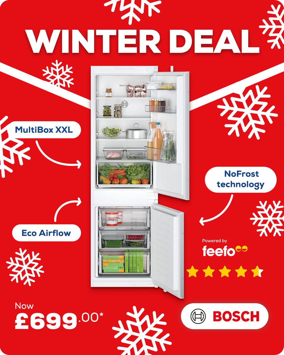 ❄️Upgrade your kitchen with the Bosch KIN86NSE0G Integrated Frost-Free Fridge Freezer, now just £699.00.* Shop online 👉 euronics.la/BoschFF or via your local store 👉 euronics.co.uk/store-finder.  #TheHomeofElectricals #Bosch #ShopLocal *Price correct at time of post.