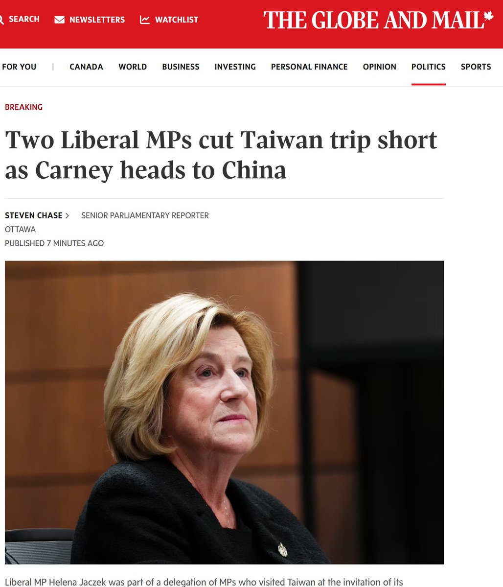 cbcwatcher's tweet image. "Two Canadian MPs from the governing Liberal caucus have cut short a trip to Taiwan this week that would have overlapped with Prime Minister Mark Carney’s visit to Beijing aimed at patching up relations with China.

They say they are returning home early “informed by advice from”…