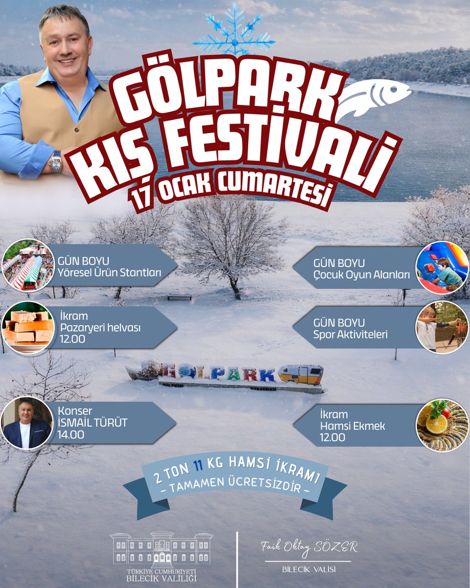 ❄️Gölpark Kış Festivali Başlıyor!❄️

Kışın en lezzetli, en keyifli buluşmasına hazır mısınız?

Gölpark’ta bu kış festival var!

🎶 İsmail Türüt konseri
🐟 2 ton 11 kg hamsi ikramı
🍽️ Yöresel lezzetler
🎠 Çocuk oyun alanları
🏃 Gün boyu etkinlikler

Soğuk havaya karşı sıcak bir