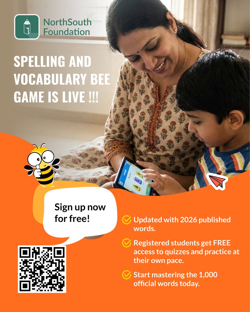 NSFBee's tweet photo. 📢 The Spelling &amp; Vocabulary Bee Game is LIVE!

Sign up for free and start mastering the 1,000 official words with fun quizzes and self-paced practice. 🐝

#NorthSouthFoundation #SpellingBee #VocabularyBee #LearnWithFun #FreeLearning #KidsEducation #WordPower #AcademicExcellence https://t.co/hvwrv4Wmxt