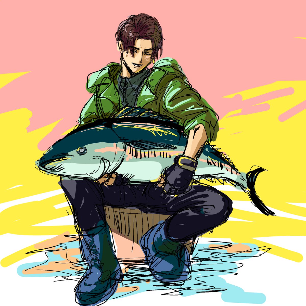 らくがきで申し訳ないがおめでとうガイさん　たくさん釣りしてネ