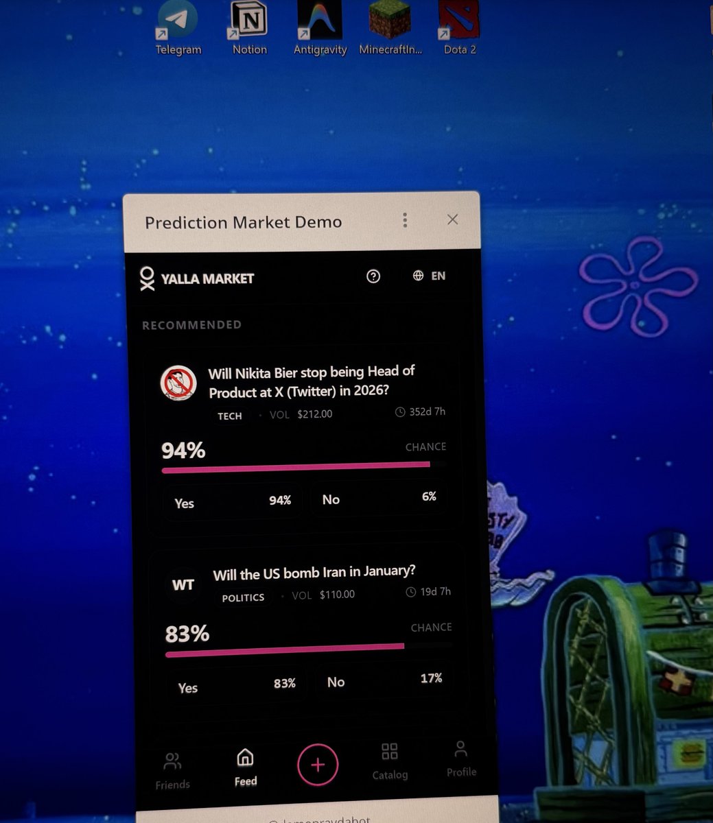 day 39 building prediction market for fun

we deserve to bet on internet drama without some compliance team killing the vibe 

✅ swapped order book for LMSR (magic logarithms) 
✅ color update: raspberry
✅ stress tested with crypto bros who hate everything. they only hated 45%