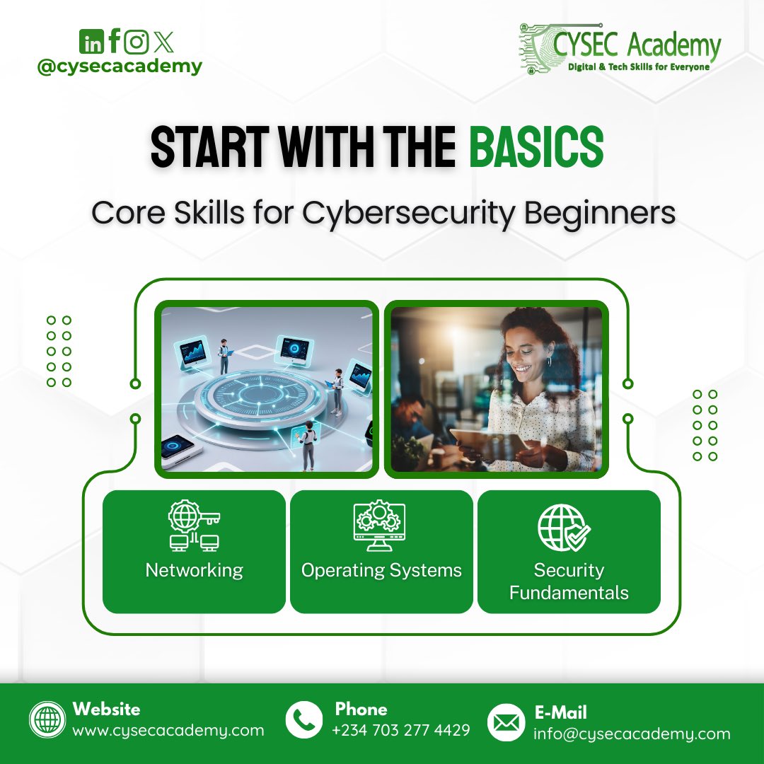 Strong foundations build unstoppable cybersecurity careers! At CYSEC Academy, learn Networking, OS, &amp; Security Fundamentals with hands-on training &amp; expert mentorship. Start your journey today!
contact us:
🌐 cysecacademy.com
📧 info@cysecacademy.com
📞 +234 703 277 4429