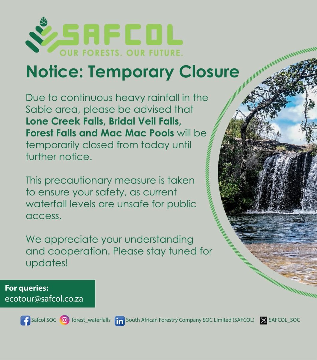 Due to heavy rainfall in the Sabie area, please be advised that Lone Creek Falls, Bridal Veil Falls, Forest Falls, and Mac Mac Pools are temporarily closed until further notice.