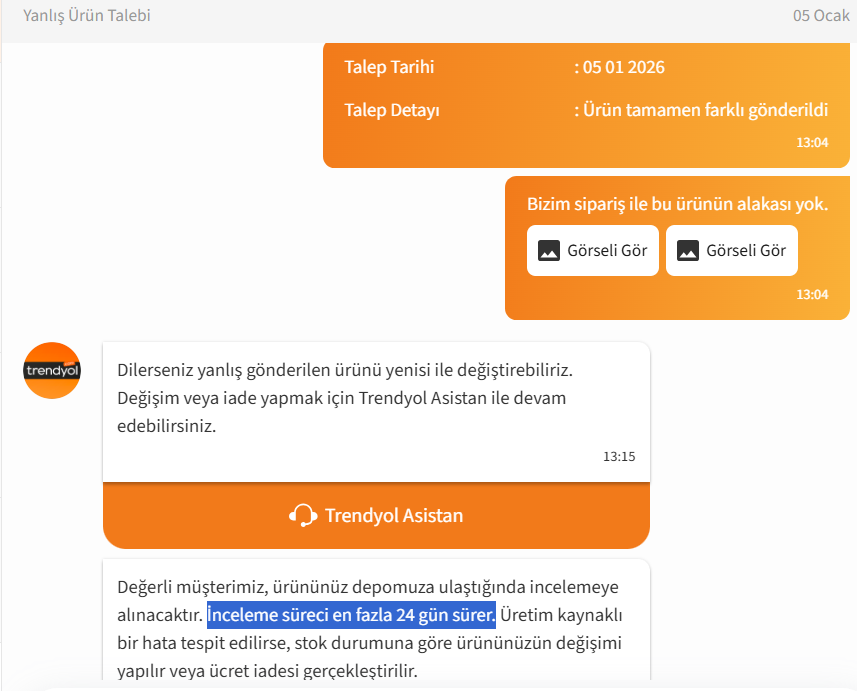 Bende yakın zamanda başımdan geçen bir vakadan bahsetmek istiyorum. 

31 Aralık 2025'te <a href="/Trendyol/">Trendyol</a>'dan iphone-16 model bir telefon satın aldım. Hem de direk satıcı trendyoldu.

5 Ocak günü kargo geldi. Kutu iphone-16 kutusu ama içinden çıkan alakasız kullanılmış tuşlu bir iphone.