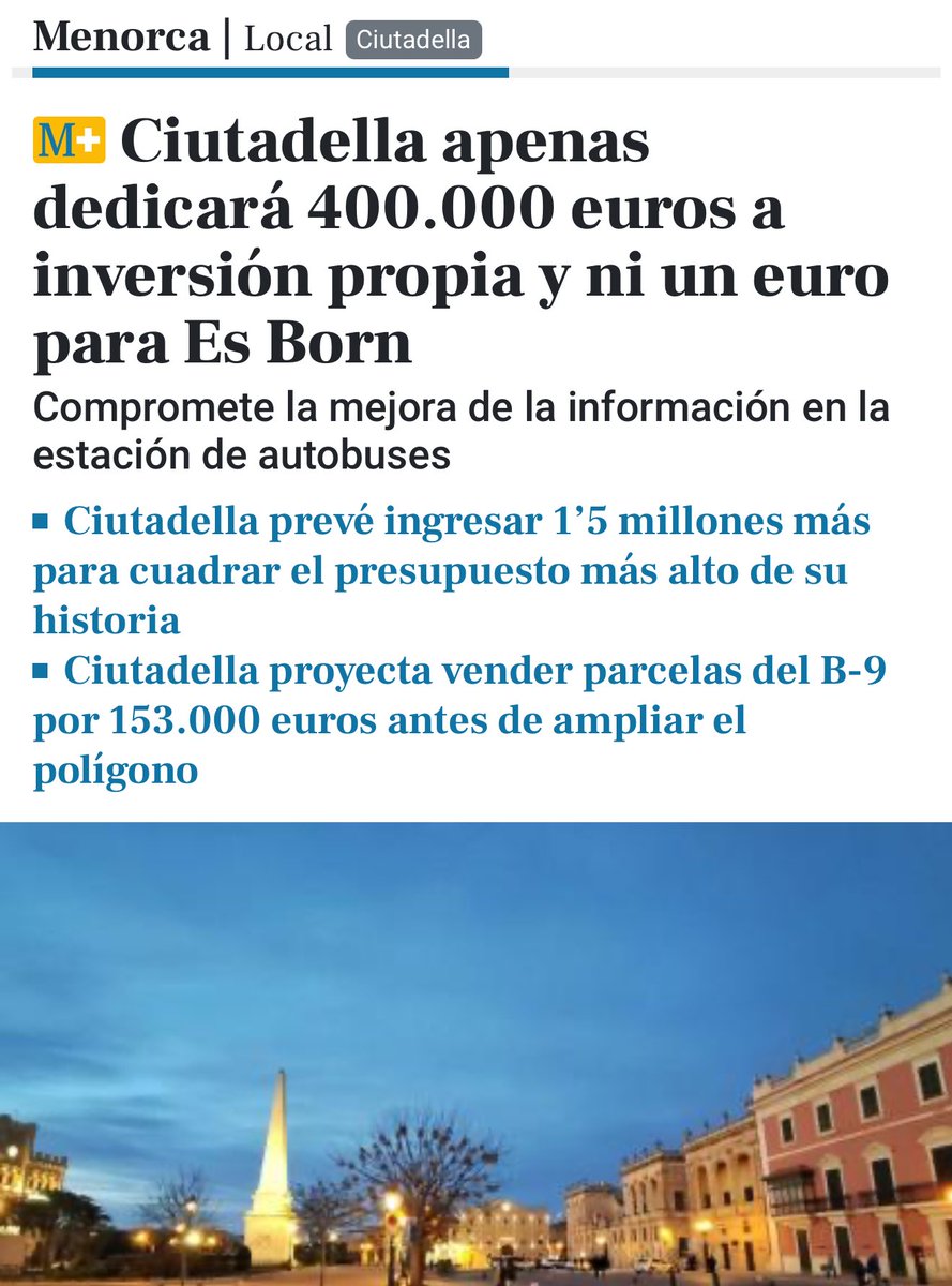 Primer peatonalitzen Es Born sense projecte ni planificació. I ara, as pressuposts de 2026, ni un sol euro per preparar sa necessària reforma. 

Es projecte estrella des tripartit…estrellat.

Improvisació i abandonament que paguen es ciutadellencs❌

🗞️menorca.info/menorca/local/…