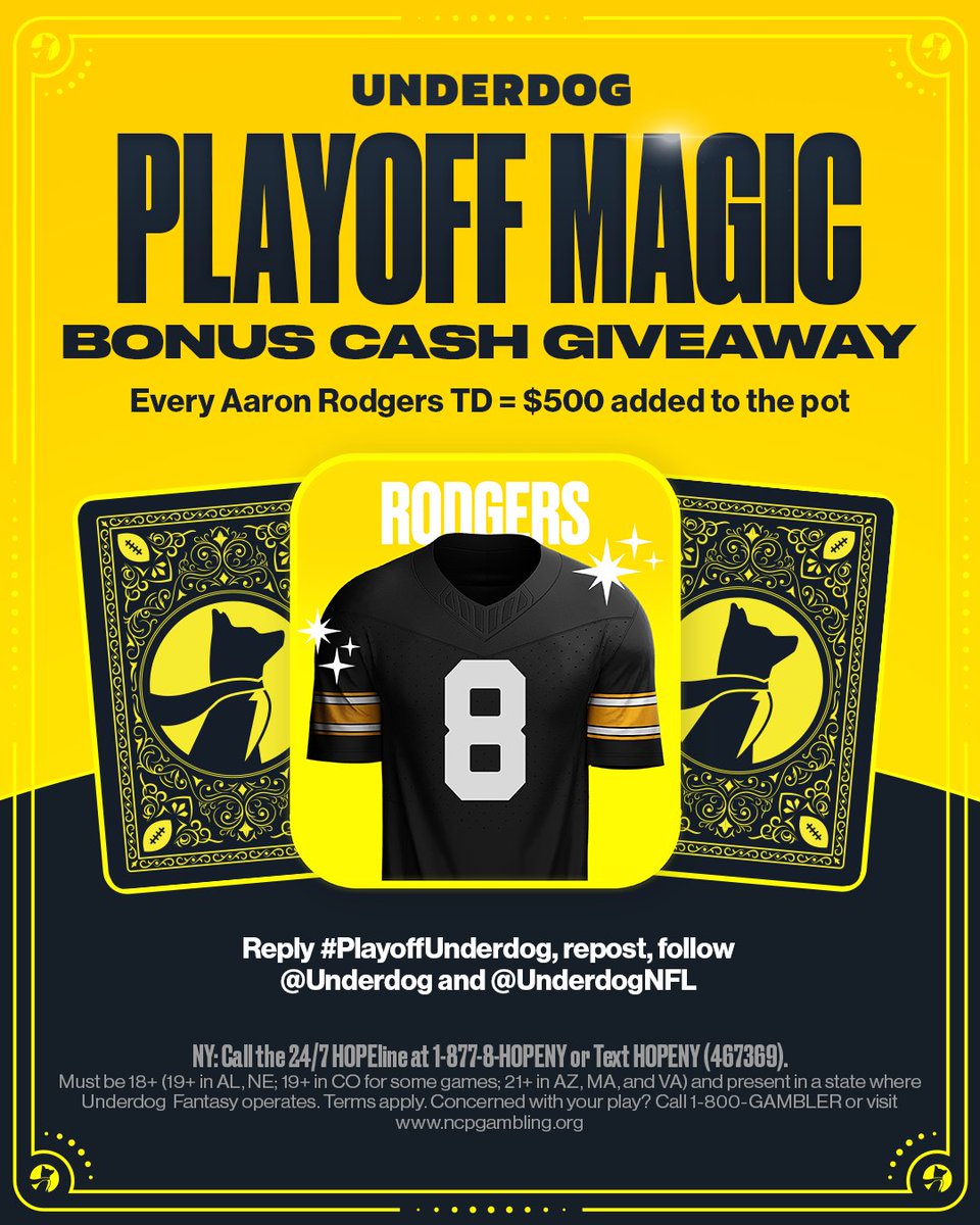 Underdog's tweet image. 🚨 BONUS CASH GIVEAWAY 🚨

We're adding $500 to the pot for every Aaron Rodgers touchdown tonight 💰

To enter...
1⃣ Repost this
2⃣ Reply #PlayoffUnderdog
3⃣ Follow us @Underdog
4⃣ Follow @UnderdogNFL