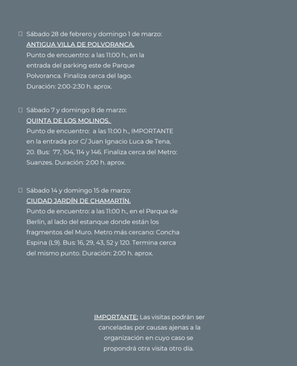 ConoceOtroMad's tweet image. ¡Lo bueno se hace esperar! Os presentamos nuestro programa trimestral de visitas culturales 2026 de CONOCE OTRO MADRID. Durante los próximos findes, habrá calles, jardines y algún barrio. Aquí, os adelantamos la temporada que iremos desgranando semana a semana. 👇