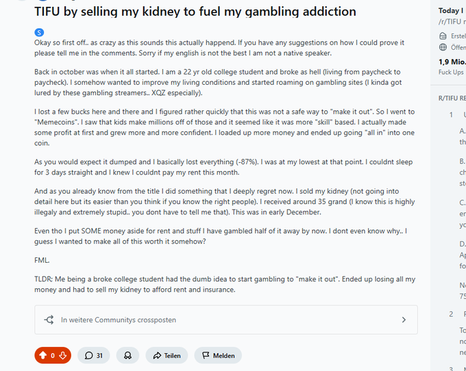 pixelpawsdevs's tweet image. This guy from reddit sold his kidney to trade memecoins 
Free sender LMAO
$kidney reddit.com/r/tifu/comment…