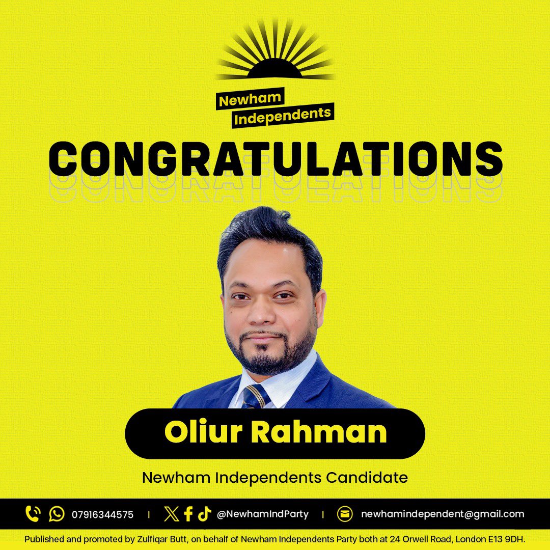NewhamIndParty's tweet image. 🎉Congratulations to Oliur Rahman on being selected as a Newham Independents councillor candidate for the May 2026 local elections.
Wishing you every success on this exciting journey!

#NewhamIndependents #LocalDemocracy #TeamNewham