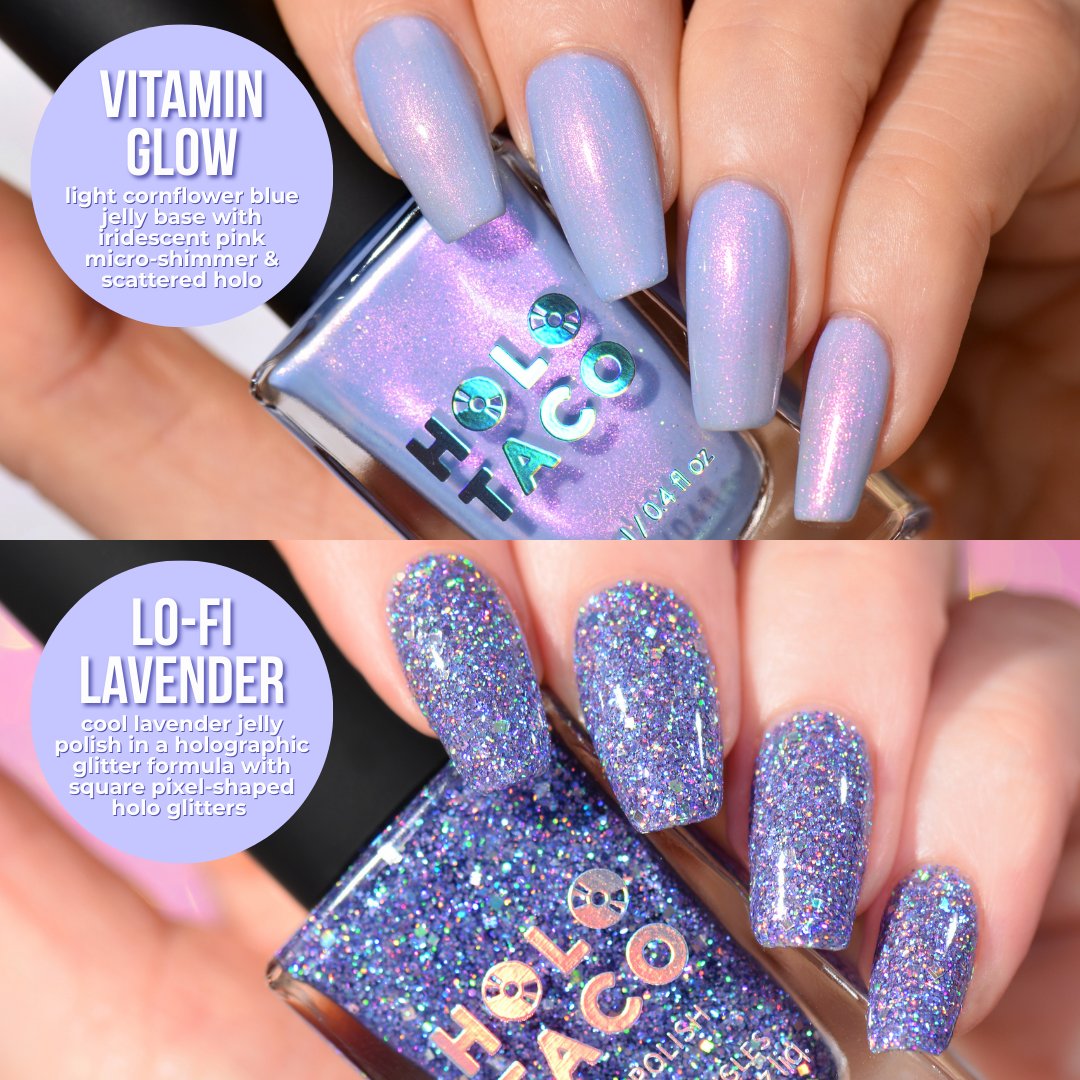 holotaco's tweet image. Consider this your sparkle cheat sheet ✨🤩 Vote for your fave formula down below 🗳️👇
#holotaco #glitter #shimmer #vitaminglow #lofilavender 💿🌮