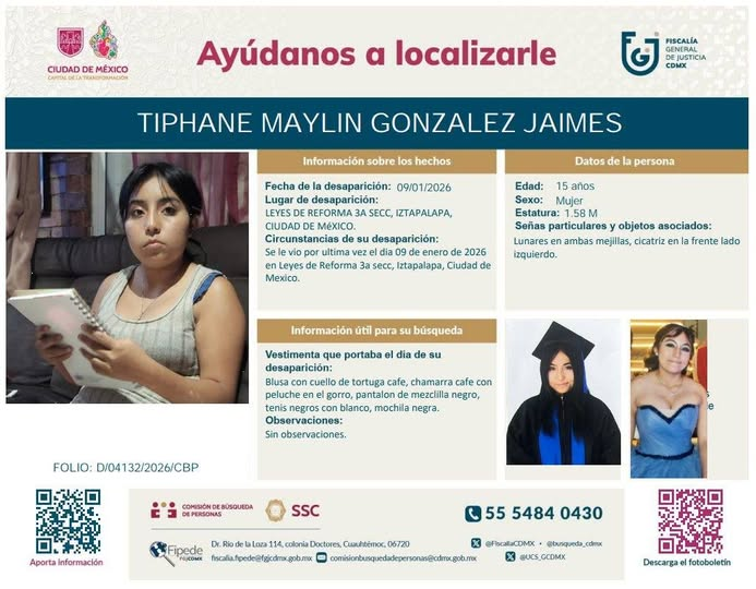 COBUPEM's tweet photo. Solicitamos de tu apoyo en difusión para dar pronta localización a Tiphane Maylin González Jaimes, comunícate a los teléfonos al pie del boletín. #TodosEnLaBúsqueda https://t.co/0ShXQDafqi