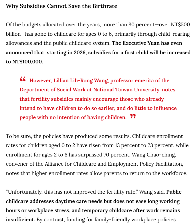 Taiwan spent $600 billion to discover what has been obvious for a very long time:

Childcare subsidies are almost uniquely ineffective at boosting fertility in societies where work demands are not capped or restrained in some way.