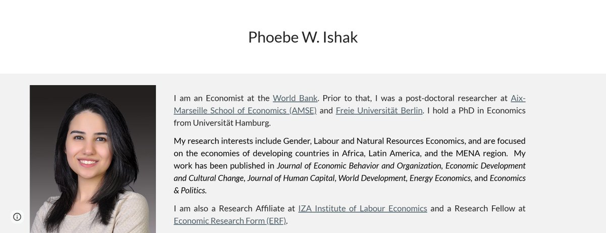 Today's cool young researcher #econtwitter #econsky is <a href="/PhoebeIshak/">Phoebe W. Ishak</a> <a href="/WorldBank/">WorldBank</a> who works on topics related to gender, labor, and natural resources