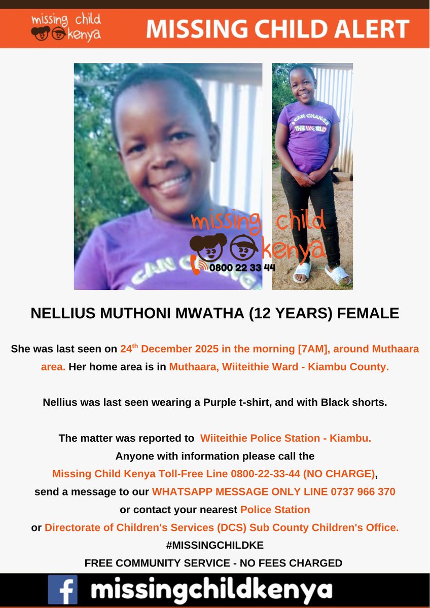 missingchild_ke's tweet image. NELLIUS MUTHONI MWATHA (12 YEARS) FEMALE #MISSINGCHILDKE